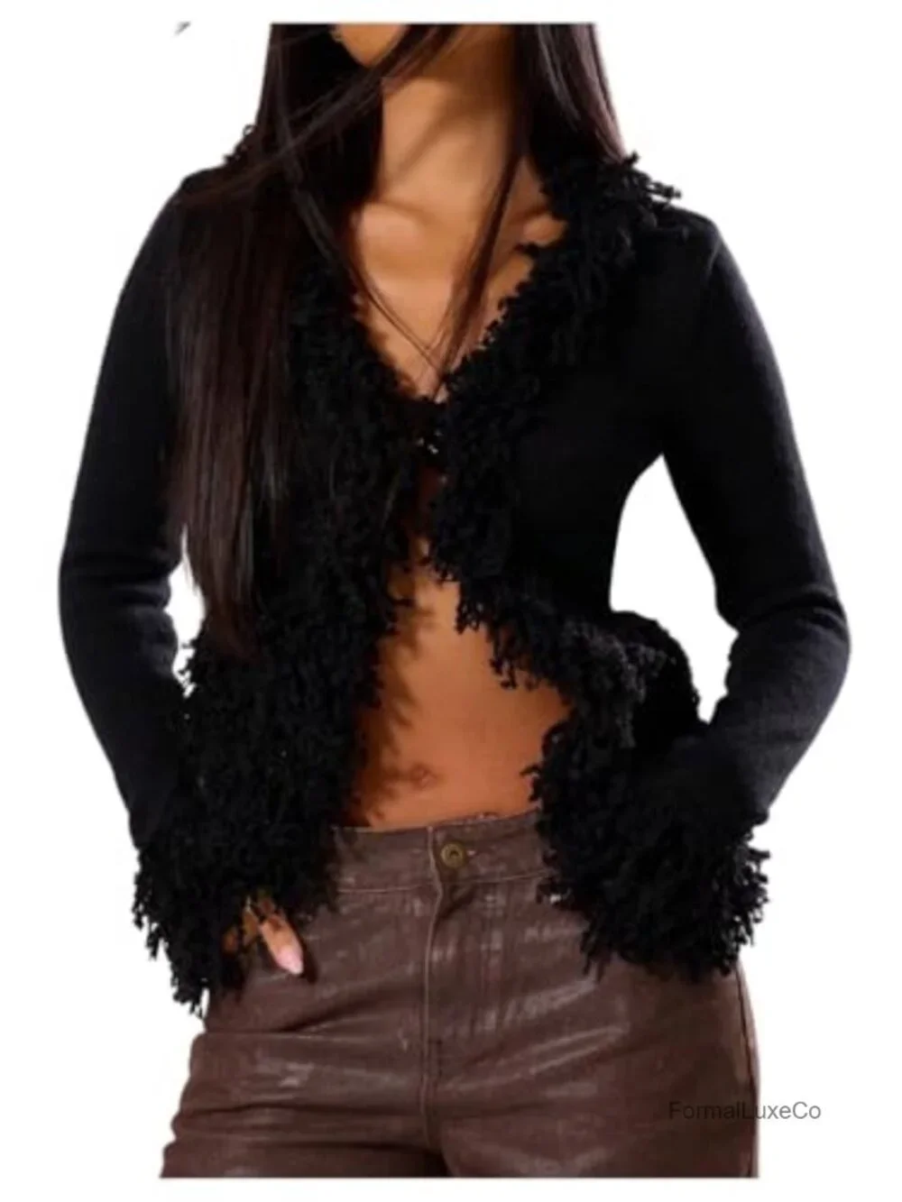 Women's Fuzzy Trim V-Neck Cardigan Long Sleeve Knit Sweater